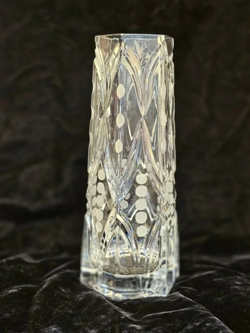 Vintage Etched Crystal Vase With Geometric Dot Pattern 11-Inch Tall Hexagonal Ba - Picture 2 of 13